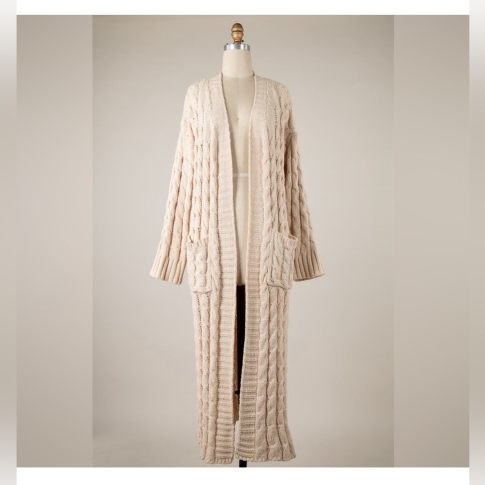 CHENILLE MAXI CARDIGAN Duster Sweater Women tan Fuzzy Pocket Long Sleeve.